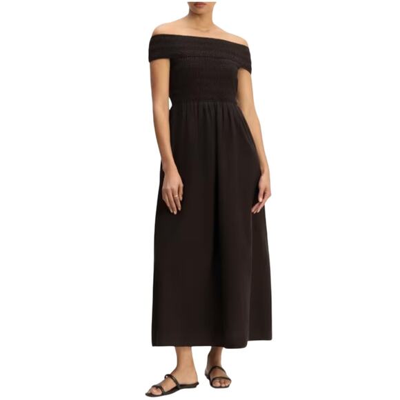 Everlane The Gauze Off the Shoulder Maxi Dress Black Smocked Organic Cotton XS - Picture 1 of 10